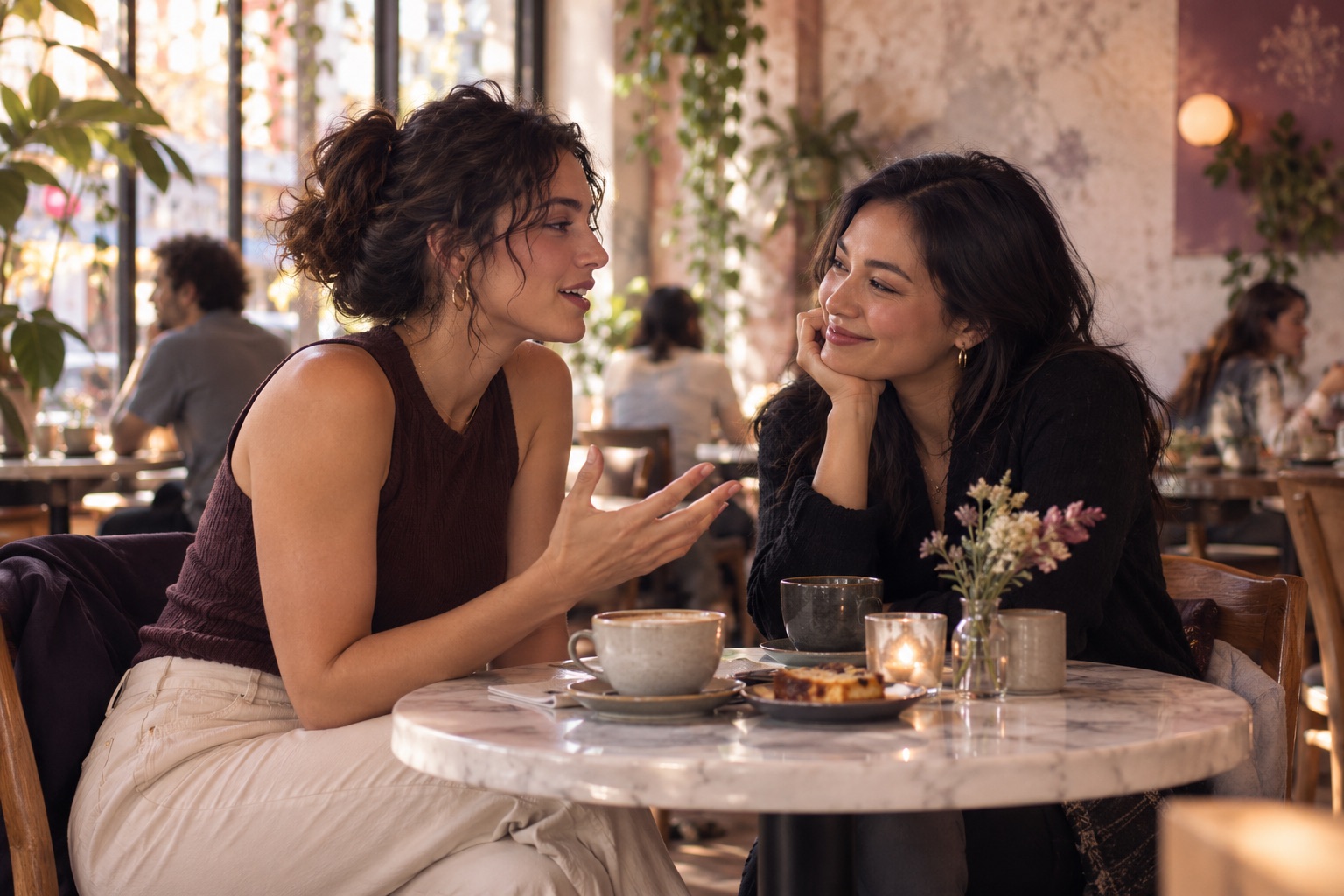 Two women enjoying an animated conversation at a café