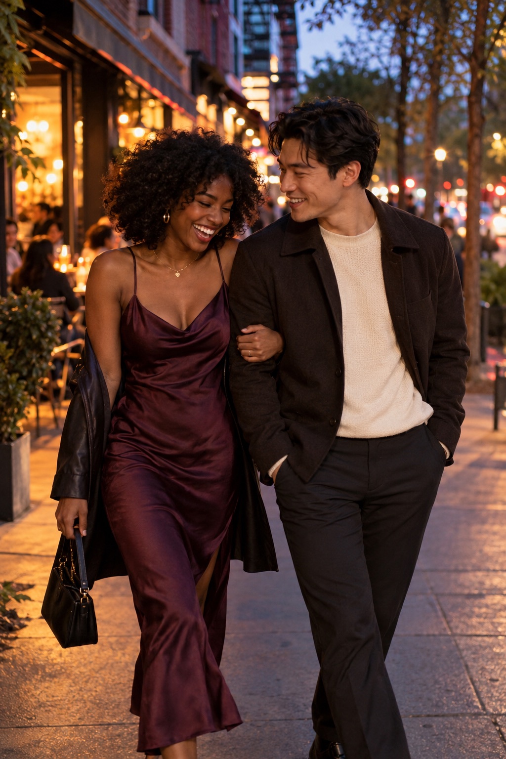 A couple laughing together while walking through the city after a date