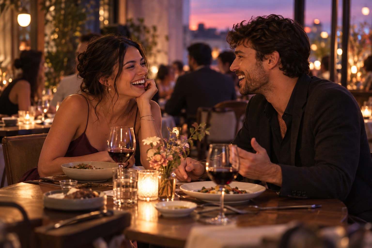A couple laughing together over dinner